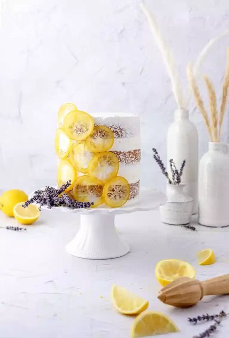 Lemon Lavender Cake, Cake With Swiss Meringue Buttercream, Lavender Buttercream, Candied Lemon Slices, Lavender Wedding Cake, Homemade Lemon Curd, Lavender Cake, Spring Cake, Dried Lemon