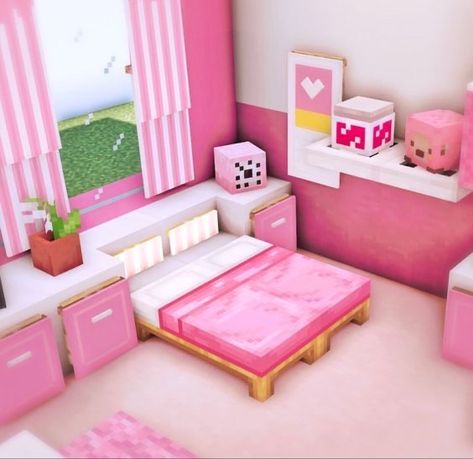 Pink Minecraft Decor, Pink Minecraft Interior, Minecraft Canopy Bed, Interior Design Minecraft, Pink House Interior, Minecraft Bedroom, Girl House, Pink Houses, Minecraft Houses