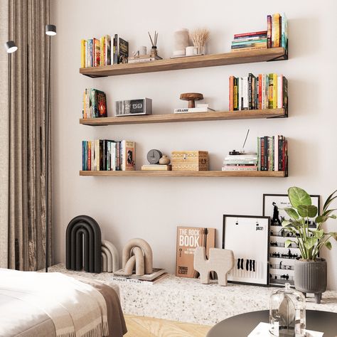 Get ready to transform your walls with Wallniture MINORI 60''x 6'' floating book shelf in burnt! This sleek, rustic beauty is not just a storage shelf; it's a statement piece. Perfect for showcasing your favorite books, plants, and decor, this hanging shelf adds a touch of warmth and character to any room. The rich burnt finish brings out the natural wood grain, making it a stylish yet functional addition to your home. Whether you're going for a modern, industrial, or farmhouse vibe, this wood s Book Shelves For Wall, Living Room Floating Bookshelves, Floating Shelves Master Bed, Bedroom Wall Bookshelves, Floating Bookshelf Bedroom, Large Empty Wall Ideas Bedrooms, Bedroom Shelves Aesthetic, Floating Book Shelf Ideas, Large Floating Shelves Living Rooms