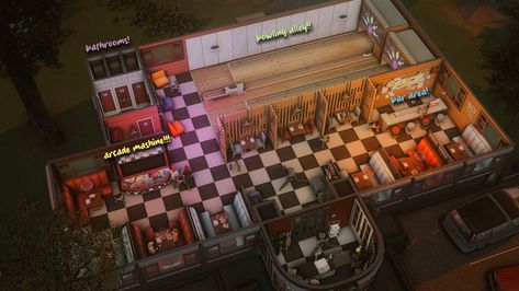 Sims 4 Burger Restaurant, Sims 4 Retro Diner, Sims 4 Diner Build, Sims 4 Commercial Lots, Sims 4 Arcade Lot, Sims Bar Ideas, Sims 4 Subway Station, Ts4 Deco Sims, Sims 4 Bowling Alley Build