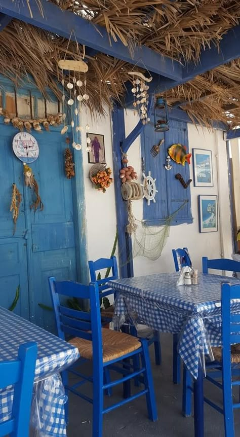 Karpathos. Finiki Photo by Gerhard Horak Karpathos Greece, Greek Cafe, Greek Garden, Greek Decor, Deco Marine, Mediterranean Restaurant, Blue Patio, Greek Blue, Karpathos