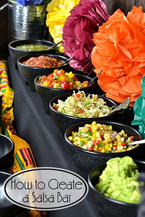 How to Create a Salsa Bar | Whether you're celebrating a birthday, having a fiesta or it's game day a salsa bar is fun and easy to put together. Tacobar Party, Taco Bar Party, Salsa Bar, Mexican Birthday Parties, Nacho Bar, Mexican Fiesta Party, Fiesta Theme Party, Taco Party, Mexican Dinner