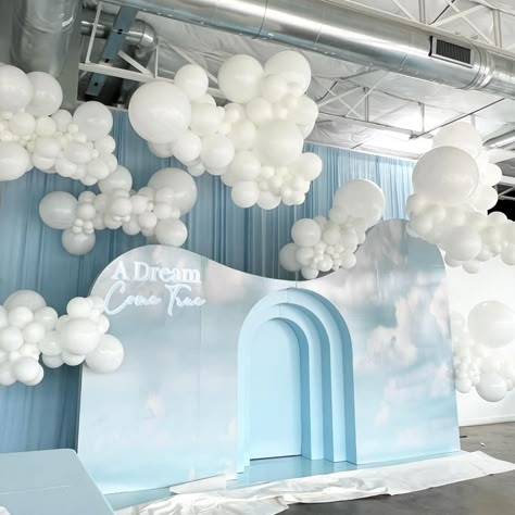 Dreamy✨ a little behind the scenes magic… we can’t wait to show you more from this set up 🤩🩵☁️ What do you think it’s for??… | Instagram Small Baby Shower Ideas, Whimsical Baby Shower, Cloud Theme, Balloon Clouds, Baby Shower Theme Decorations, White Baby Showers, Stair Decor, Shower Inspiration, Boy Baby Shower Themes