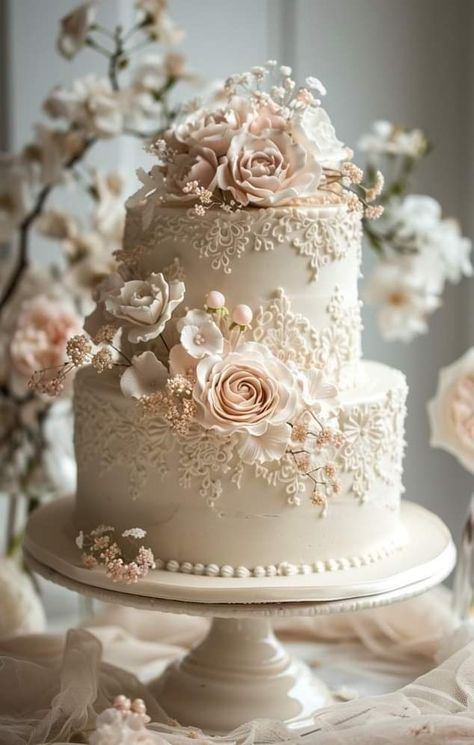 Nikkah Cake Ideas, Just Engaged Cake, Victorian Wedding Cakes, Classy Wedding Cakes, Bolo Vintage, Pretty Wedding Cakes, Wedding Cakes Elegant, Dream Wedding Cake, Romantic Wedding Cake