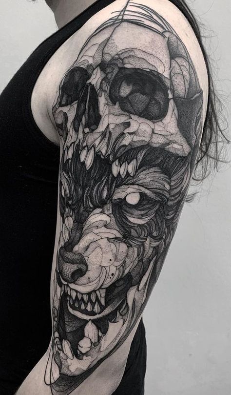 Skull Tattoo Shoulder, Blackwork Skull Tattoo, Best Shoulder Tattoos, Shoulder Tattoos For Men, Fenrir Tattoo, Women's Shoulder Tattoo, Tato Flash, Tattoos For Men And Women, Wolf Tattoos Men