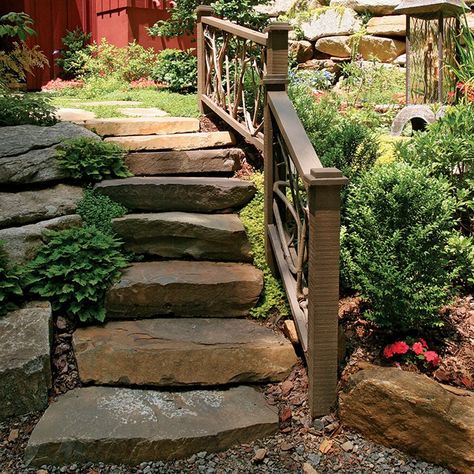 How to Build Dry-Laid Stone Steps - Fine Homebuilding Natural Steps On Slope, Stairs To Backyard, Landscaping 101, Natural Stone Steps, Landscape Bricks, Fine Homebuilding, How To Build Steps, Stone Landscaping, Building Foundation