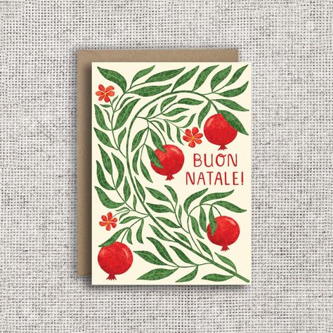 Italian Christmas card featuring illustrations of pomegranate fruit and foliage and blossoms and the hand-lettered text Buon Natale which means merry christmas in Italian Italian Christmas Cards, Pomegranate Christmas, Christmas Menu Design, Holiday Card Inspiration, Pomegranate Design, Print Christmas Card, Italian Christmas, Woodland Christmas, Autumn 2023