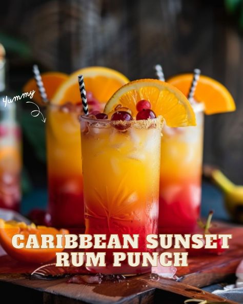 Discover the vibrant and tropical Caribbean Sunset Rum Punch recipe. Perfect for summer parties and gatherings. Learn how to make it now! Summer Sunset Party, Drinks For 21st Birthday, Pineapple Juice Benefits, Rum Punch Recipe, Orange Juice Cocktails, Banana Pudding Cookies, Rum Drinks Recipes, Party Punches, Caribbean Sunset