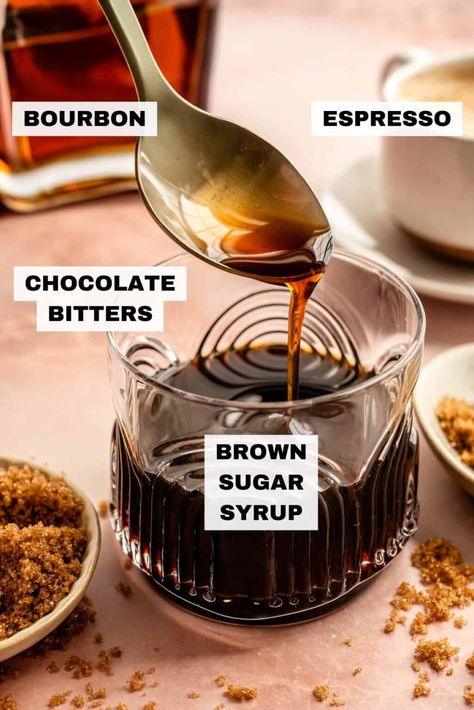 Bourbon Espresso Old Fashioned - The G & M Kitchen Old Fashioned Simple Syrup Recipe, Shots Recipes, Brown Sugar Simple Syrup, Sweet Bourbon, Spiced Wine, English Pub, Oven Recipe, Brown Sugar Syrup, Bourbon Drinks