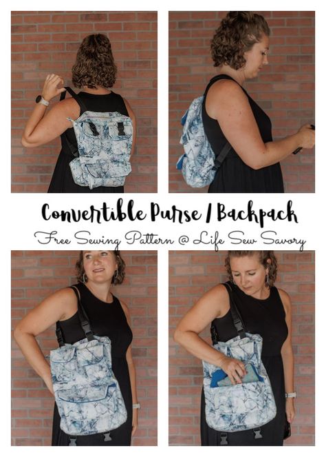 Convertible Purse / Backpack Free sewing pattern Convertible Purse Backpack, Diy Backpack Pattern, Fabric Art Diy, Backpack Pattern Sewing, Sew Together Bag, Sewing Tutorials Bags, Convertible Purse, Convertible Backpack Purse, Denim Backpack