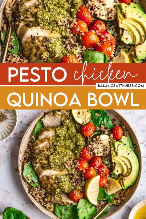 Looking for high protein meals that are also dairy free and gluten free? Try this pesto chicken quinoa bowl! Top your quinoa with baked chicken breast seasoned with pesto and roasted veggies, and enjoy for lunch or dinner. Pesto Chicken Quinoa Bowl, Chicken Quinoa Bowl, Quinoa Bowls Healthy, Healthy Pesto, High Protein Meals, Chicken Quinoa, Chicken Breast Seasoning, Quinoa Bowl, Protein Meals