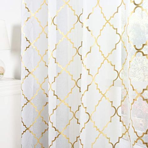 Kotile White and Gold Sheer Curtains for Bedroom - Gold Moroccan Tile Curtain Rod Pocket White Window Curtains 63 Inc... Gold And White Curtains, Islamic Embroidery, White Voile Curtains, Blush Curtains, Pink Sheer Curtains, Moroccan Tiles Pattern, Window Sheers, White Window, White Sheer Curtains