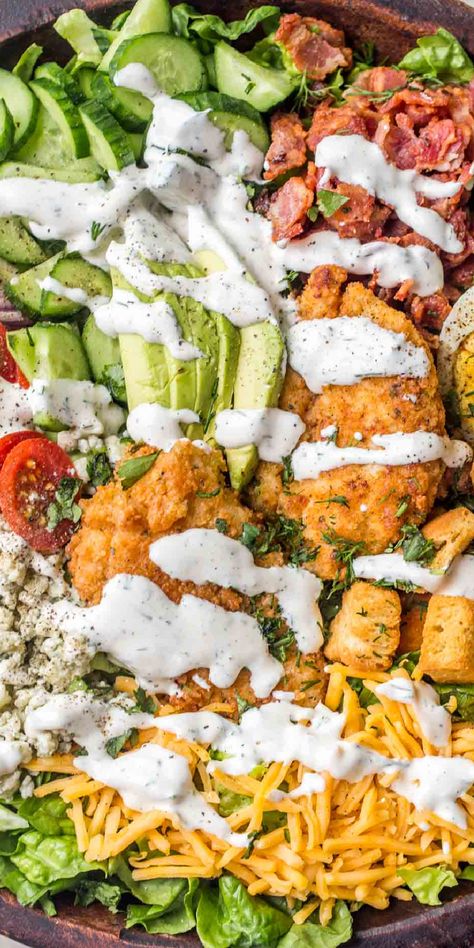 A light and hearty Cobb Salad recipe made with crispy chicken tenders, bacon, tomatoes, cucumbers, croutons and tossed in a delicious homemade dressing. Chicken Tender Salad, Salad Cobb, Cobb Salad Dressing, Sauce For Vegetables, Salad Meals, Ranch Dressing Recipe Homemade, Classic Cobb Salad, Chicken Tomatoes, Cobb Salad Recipe