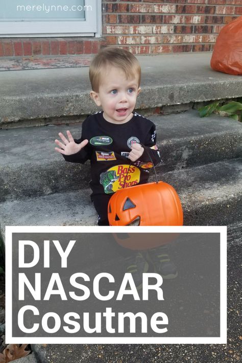 DIY NASCAR Costume for a Toddler - Meredith Rines Diy Race Car Driver Costume, Race Car Driver Outfit, Driver Outfit, Hot Wheels Themed Birthday Party, Race Car Driver Costume, Nascar Costume, Racer Costume, Kids Races, Race Car Driver