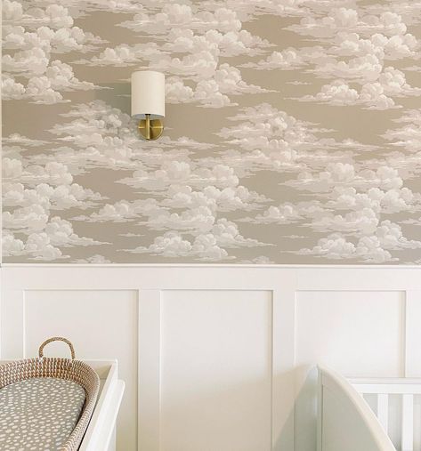 Silvi Clouds Wallpaper, Cloud Wallpaper Bedroom Kids Rooms, Nursery Neutral Wallpaper, Nursery Panelling And Wallpaper, Cloud Wallpaper Nursery, Panelled Nursery, Nursery Panelling, Cloud Baby Room, Cloud Theme Nursery