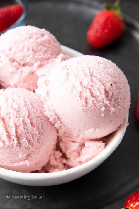 Best Strawberry Vegan Ice Cream! (Dairy-Free) - Beaming Baker Ice Cream At Home Aesthetic, Homemade Ice Cream Aesthetic, Strawberry Ice Cream Aesthetic, Vegan Strawberry Ice Cream, Eating Photography, Raspberry Torte, Homemade Strawberry Ice Cream, Strawberry Ice Cream Recipe, Strawberry Shortcake Ice Cream