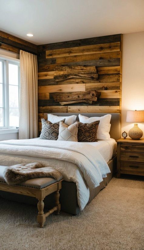 20 Gorgeous Bedroom Wall Decor Ideas You Need To See Bedroom With Wood Wall, Room Ideas Wood, Wainscoting Ideas Bedroom, Creative Shelves, Bedroom Accent Wall Ideas, Brick Wall Bedroom, Wood Walls Bedroom, Guest Room Ideas, Bedroom Wall Decor Ideas