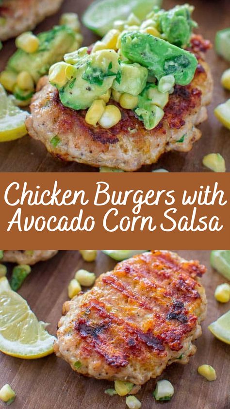 Burgers With Avocado, Avocado Corn Salsa, Corn Salsa Recipe, Classic Burger, Chicken Recipes Boneless, Oven Chicken Recipes, Corn Salsa, Summer Cookouts, Chicken Meat