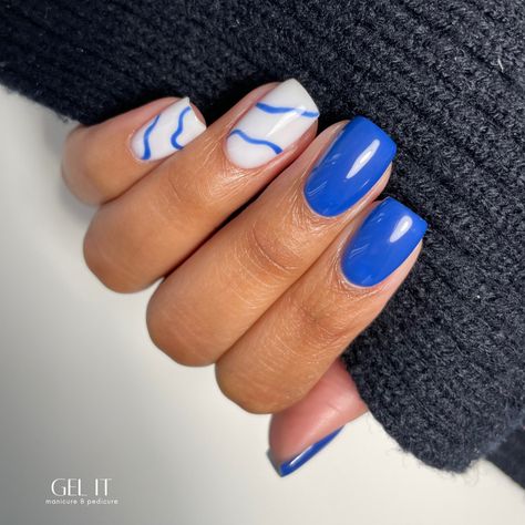 Biab white with blue color en swirl design #nailsrotterdam #gelit #biabnails Blue Biab Nails, White Nails With Blue, Nails With Blue, Biab Nails, Summery Nails, Blue Swirl, Swirl Design, Ring Finger, Blue Nails