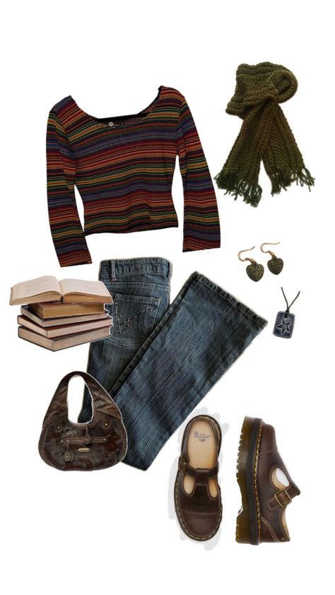 #bookshop #gilmoregirls #cozy #autumn #downtowngirl #outfitinspo #lovefromrom #books #reading Outfit With Flare Jeans, Downtown Girl Style, Brown Doc Martens, Downtown Outfits, Earthy Outfits, Outfit Inspired, Downtown Girl, Autumn Cozy, Really Cute Outfits