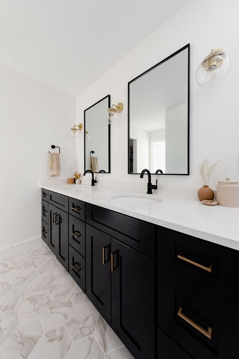 Master Bath With Black Vanity, Alma Homes, Black Cabinets Bathroom, Marble Bathroom Floor, New Home Build, Luxury Service, Black Vanity Bathroom, Bathroom Oasis, Primary Bathroom