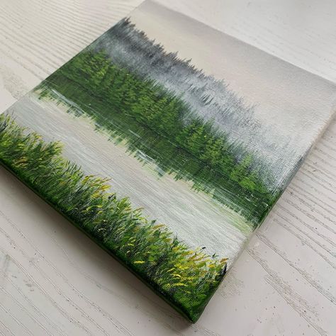 Pine Forest Painting Acrylic, How To Paint A Forest Acrylic, How To Paint A Lake With Acrylic, Mist Painting, Tree Painting Easy, Misty Landscape, Misty Lake, Pine Tree Painting, Painting Trees