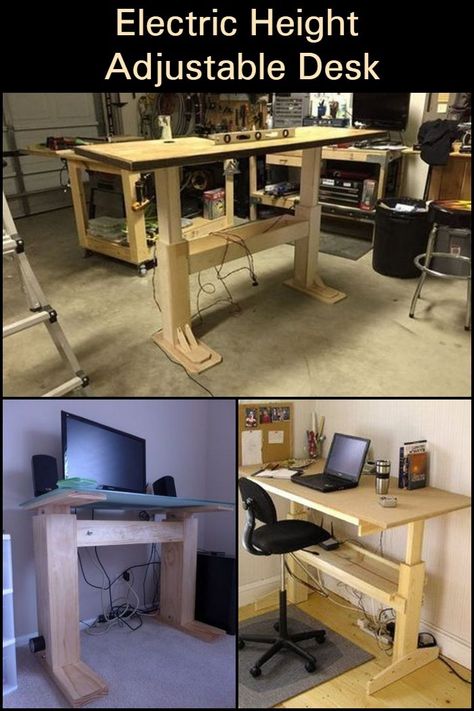 This DIY electric adjustable height desk allows you to alternate between sitting and standing even while working. Diy Adjustable Desk, Standing Desk Diy Adjustable, Standing Desk Diy, Standing Desk Plans, Storage In Living Room, Diy Home Office Decor, Small Desk Ideas, Standing Desk Design, Standing Desk Riser