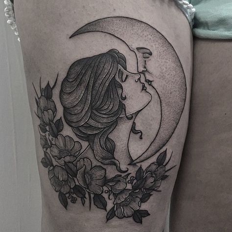 Lady Moon Tattoo, Goddess Of The Moon Tattoo, Moon Tattoo Designs Goddesses, Traditional Moon Tattoo, Moon Goddess Tattoo, Moon Flower Tattoo, Cupid Tattoo, Crystal Tattoo, 100 Tattoo