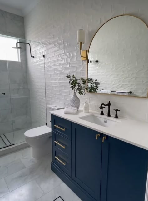 Dark Blue Bathrooms, Blue Bathroom Tile, Blue Bathroom Vanity, Blue Bathroom Decor, Bathroom Redesign, Soaker Tub, Bathroom Units, Bathroom Remodel Designs, Guest Bathrooms