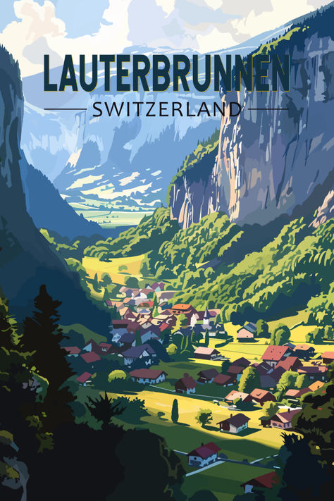 Retro-style illustration of Lauterbrunnen, Switzerland, featuring a picturesque village nestled in a lush green valley surrounded by towering cliffs and mountains under a bright blue sky. Switzerland Illustration, Vintage Travel Posters Art Deco, Switzerland City, Switzerland Poster, Switzerland Art, Lauterbrunnen Switzerland, Art Deco Travel Posters, Switzerland Cities, Adventure Tourism