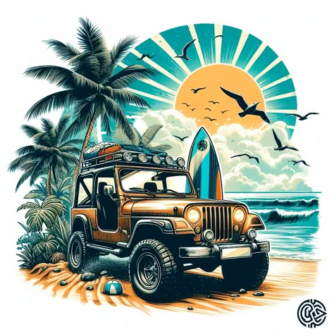 summer jeep Jeep Tattoo Ideas, Vintage Logo Ideas, Jeep Tattoo, Beach Sublimation, Jeep Art, Iphone Wallpaper Quotes Inspirational, Diani Beach, Logos Vintage, Vw Art