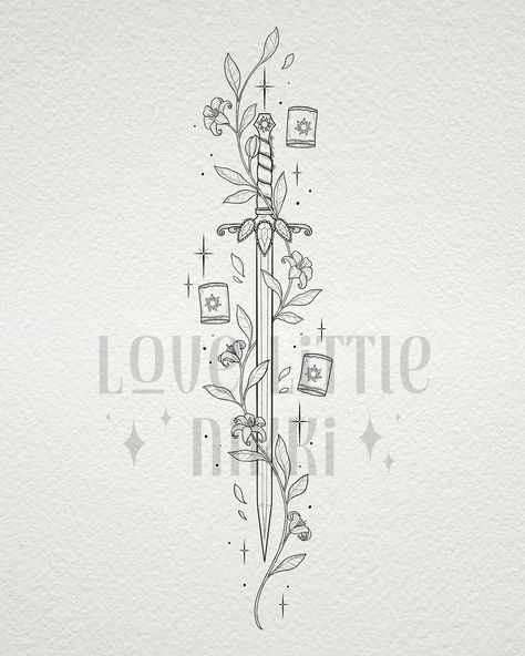 Rapunzel themed sword for the lovely Emily ☀️🗡️ I have yet to see the film but she trusted me in designing this piece based off the Rapunzel film and journal! Such a pretty piece! 🌿 #rapunzel #tattoodesign #tangled Cute Tangled Tattoos, Subtle Tangled Tattoo, Rapunzel Tower Tattoo, Simple Tangled Tattoo, Tangled Themed Tattoo, Tangled Spine Tattoo, Tangles Tattoo, Disney Movie Tattoos, Repunzle Tattoo