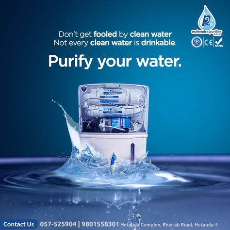 Don't get fooled by Clean Water Not every clean water is drinkable. ---------------------------------------------------------- ✅Free Life Time Service ✅Free Routine services in Every 3 months ✅ Free Delivery & Installation. -------------------------------------------------------------- Contact Us: Mahendra Purifier Pvt.Ltd 📞057-525904 | 9801558301 🌎www.mahendrapurifier.com HEAD OFFICE: Hetauda Complex, Bhairab Road, Hetauda-5 Water Purifier Design, Ionised Water, Call Centre, Ro Water Purifier, Insta Highlights, Kangen Water, Water Poster, Water Purification System, Social Media Advertising Design