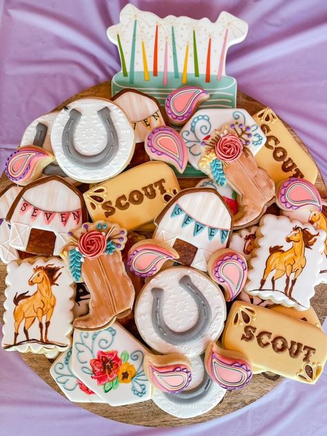 Spirit Stallion Of The Cimarron Birthday Party, Spirit Cookies Horse, Spirit Untamed Birthday Party, Spirit Riding Free Birthday Party Ideas, Spirit Themed Birthday Party Girl, Spirit Riding Free Birthday Cake, Spirit Horse Birthday Party, Spirit Birthday Party Ideas, Spirit Birthday Party