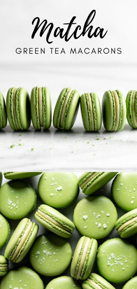 Tea Flavored Desserts, Swiss Macarons Recipe, Green Macarons, Fruit Macarons, Savory Macarons, Pistachio Macaroons, Matcha Desserts, Matcha Macaroons, Tea Macarons