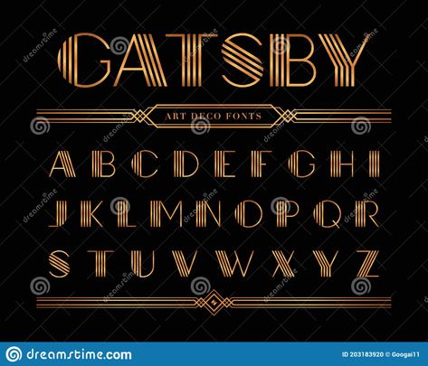 Vector of Gatsby Font and Alphabet, Gold Letter Set Stock Vector - Illustration of logo, font: 203183920 1920s Font, Gatsby Font, Art Deco Logo, Art Deco Font, Deco Font, Great Gatsby Fashion, Logo Font, Gatsby Style, Gold Letter