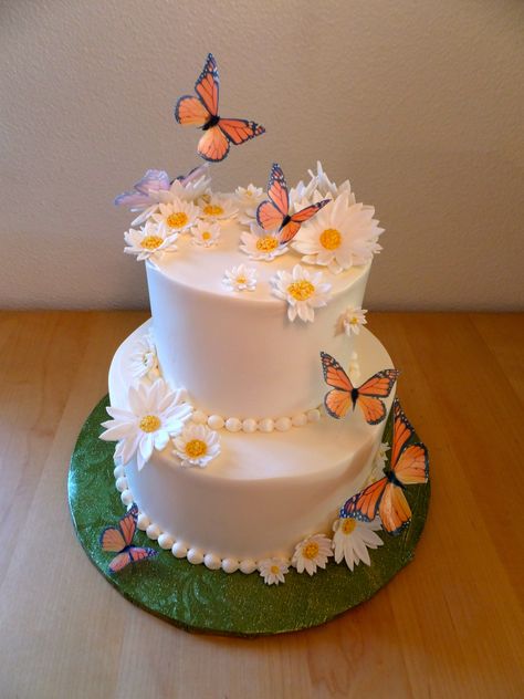 Butterflies and daisies www.facebook.com/ThreeCupsFlour  butterflies from incrEDIBLEtoppers on Etsy Daisy And Butterfly Cake, Butterfly And Flower Birthday Cake, Daisy And Butterfly Birthday, Butterflies And Daisies, Daisy And Butterfly, Daisy Cakes, Birthday Cake With Flowers, Double Shower, Butterfly Cakes