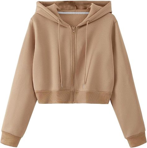 SweatyRocks Women's Long Sleeve Drawstring Full Zip Hooded Jacket Crop Sweatshirt Khaki S at Amazon Women’s Clothing store Thermal Hoodie, Women Sweatshirts, Lined Hoodie, Crop Top Sweatshirt, Sweatshirts Pattern, Yellow Fashion, Hoodies For Sale, Knitted Pullover Sweaters, Crop Sweatshirt