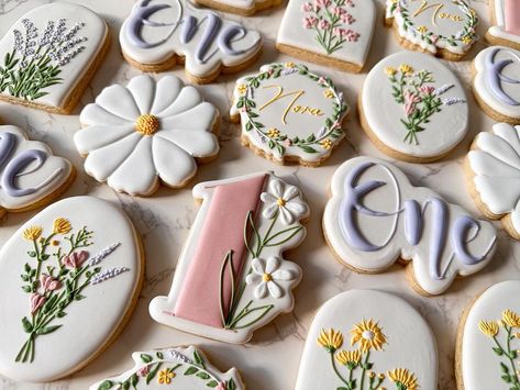 Wildflower Cookies First Birthday, Wildflower Cookies Decorated, Wild One Birthday Cookies, Wildflower Sugar Cookies, Wildflower Cookies, Greenery Cookies, Wildflower First Birthday, Wildflower Birthday Party, First Birthday Cookies