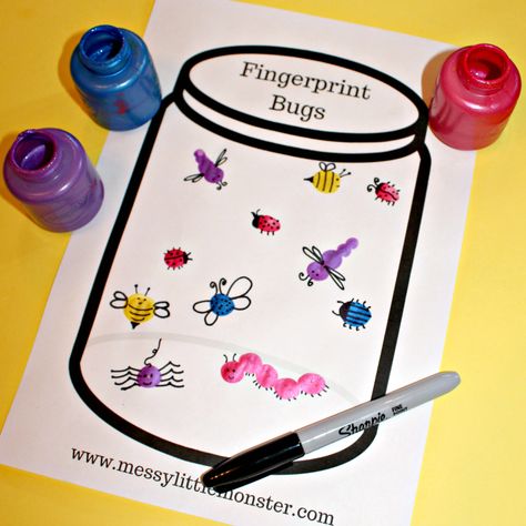 Fingerprint bug jar craft for kids with free printable jar. A fun and easy bug activity idea for Spring, Summer, bugs and insect themed projects for toddlers, preschoolers and kids. Bug Jar Craft, Bug Activity, Spring Lesson Plans, Bug Activities, Games For Kids Classroom, Fingerprint Crafts, Spring Art Projects, Insect Crafts, Lesson Plans For Toddlers