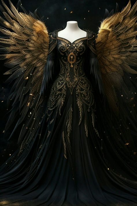 Black Gold Dress Long Gowns, Black Gown Fantasy Medieval Dress, Black And Gold Victorian Dress, Masquerade Ball Gowns Black And Gold, Black And Gold Fantasy Outfit, Black And Gold Masquerade Dress, Black And Gold Medieval Dress, Yule Ball Dress Black, Black And Gold Ballgown