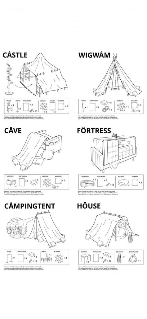 Ikea Fort Instructions, How To Build Blanket Fort, Sofa Fort Instructions, Tent Making Ideas, How To Make A Sofa Fort, How To Make A Den Indoors Blanket Forts, Fort House Ideas, Blanket Tent Fort, How To Build A Tent With Blankets