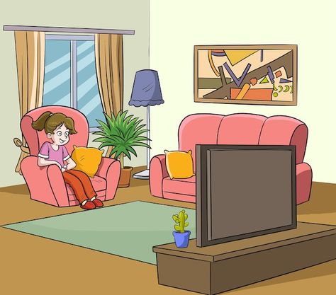 Living Room Illustration Cartoon, Girl Watching Tv, Tv In Living Room, Tv Drawing, Room Vector Illustration, Tv Illustration, Living Room Vector, Living Room Clipart, Cartoon Room