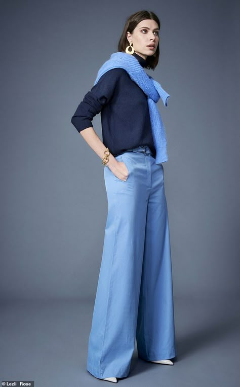 Cerulean Blue Pants Outfit, Powder Blue Trousers Outfit, Grey Blue Pants Outfit, Pale Blue Pants Outfit, Bright Blue Outfits For Women, Navy Blue Color Block Outfit, Sky Blue Trouser Outfit Women, Cornflower Blue Pants Outfit, Blue Tonal Outfit