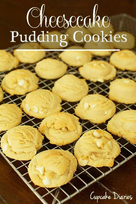 Cheesecake Pudding Cookies #cookie #recipe | CupcakeDiariesBlog.com Cheesecake Pudding Cookies, Cookie Experiment, Pudding Cookies Recipes, Pudding Flavors, Cheesecake Pudding, Pudding Cookies, Yummy Sweets, Pudding Recipes, Cookies Brownies