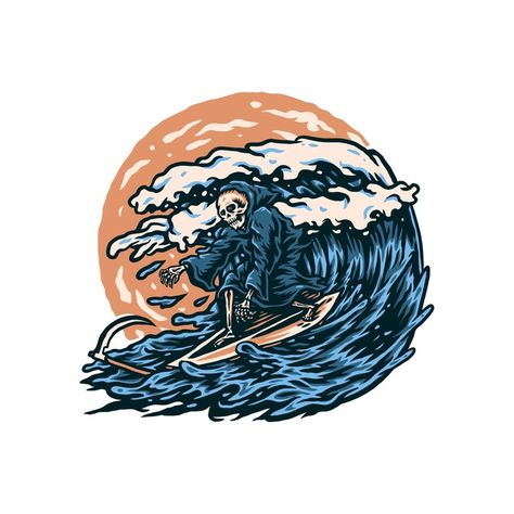 Surf Drawing, Surreal Art Painting, Skull Icon, Grim Reaper Tattoo, Tattoo Spots, Vintage Template, Skeleton Drawings, Waves Tattoo, Graphic Tshirt Design