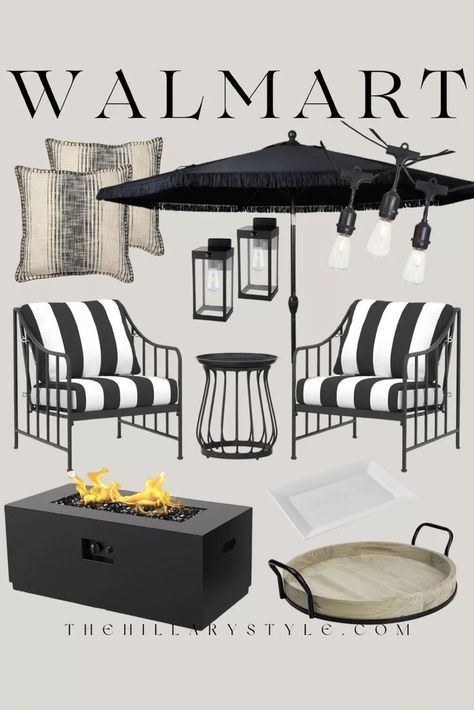 ELEVATE your Outdoor Patio Black And White Outdoor Patio Ideas, Black And White Backyard Ideas, Patio Mood Board, Black And White Patio Ideas, Black And White Patio, Screened In Porch Furniture, Black Outdoor Furniture, Grey Patio, Colorful Patio