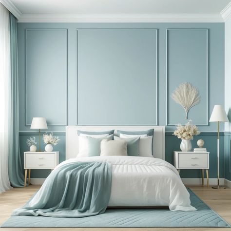 Pale Blue and White Bedroom Color Idea Pale Blue Panelling, Pale Blue And White Bedroom, Blue And White Girls Bedroom, Pale Blue Bedroom Ideas, Bedroom Blue Walls, Pale Blue Bedroom, Powder Blue Bedroom, Bedroom Interior Colour, Pale Blue Bedrooms