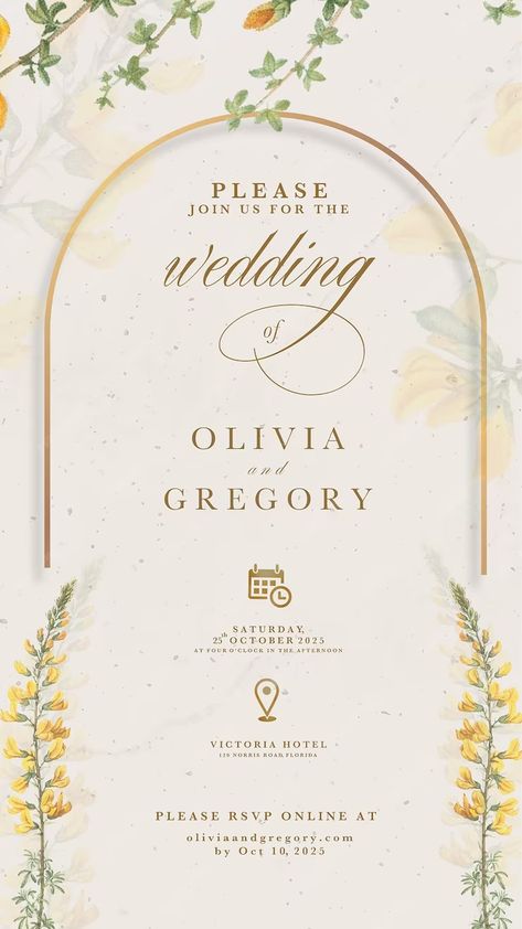 Premium PSD | Electronic wedding invitation with yellow vintage flower Smaller Wedding, Yellow Wedding Invitations, Electronic Wedding Invitations, Yellow Wedding Flowers, Wedding Invitation Background, Floral Wedding Invitation Card, Wedding Elements, White Wedding Invitations, Invitation Background