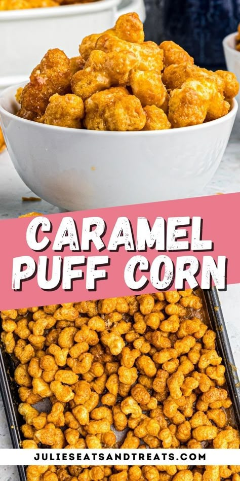 Melt in your mouth puff corn covered in a homemade caramel make this Caramel Puff Corn the best sweet and salty treat for the holidays or any time you need a quick and easy snack! Even easier than making homemade caramel corn! #caramel #puffcorn Flavored Puff Corn, Carmel Puff Corn Recipe Easy, Caramel Popcorn Twists, Puffed Corn Caramel Corn, Carmel Corn With Puff Corn, Puffed Corn Carmel Corn Popcorn Recipes, Caramel Puffcorn Recipe, Popcorn Twist Caramel Corn, Carmel Puffcorn Recipe